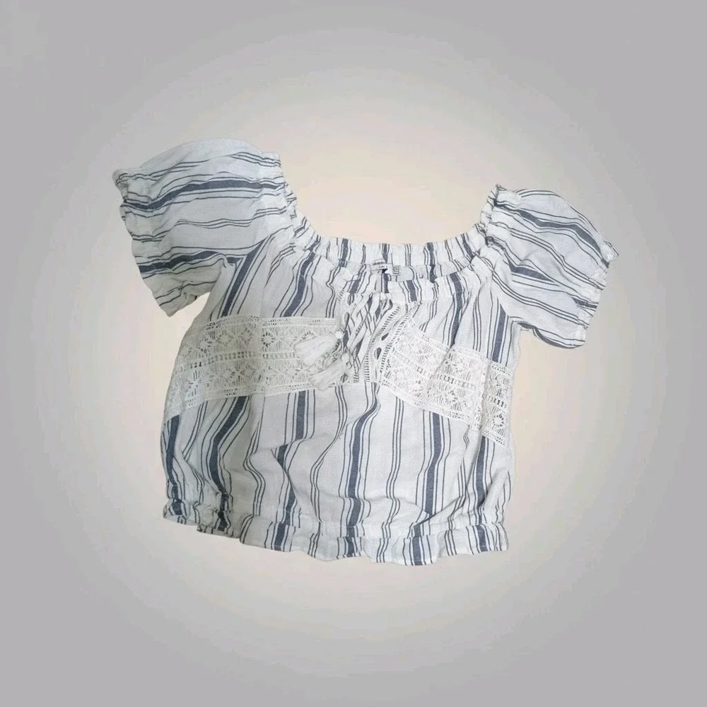 Bershka BSK GIRLS Kids Med Cotton White Blue Striped Peasant Cropped Blouse